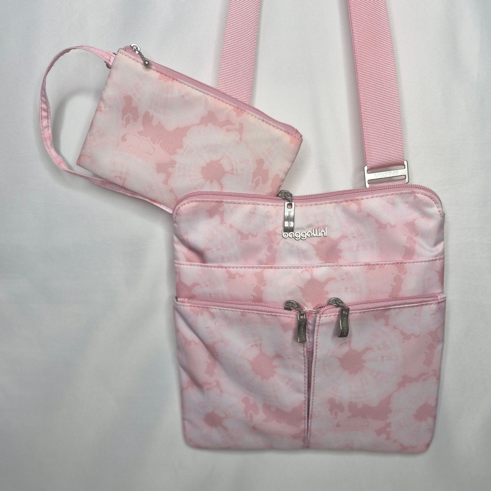 Baggallini Pink Tie Dye Nylon Crossbody Bag with Matching Wristlet Pouch